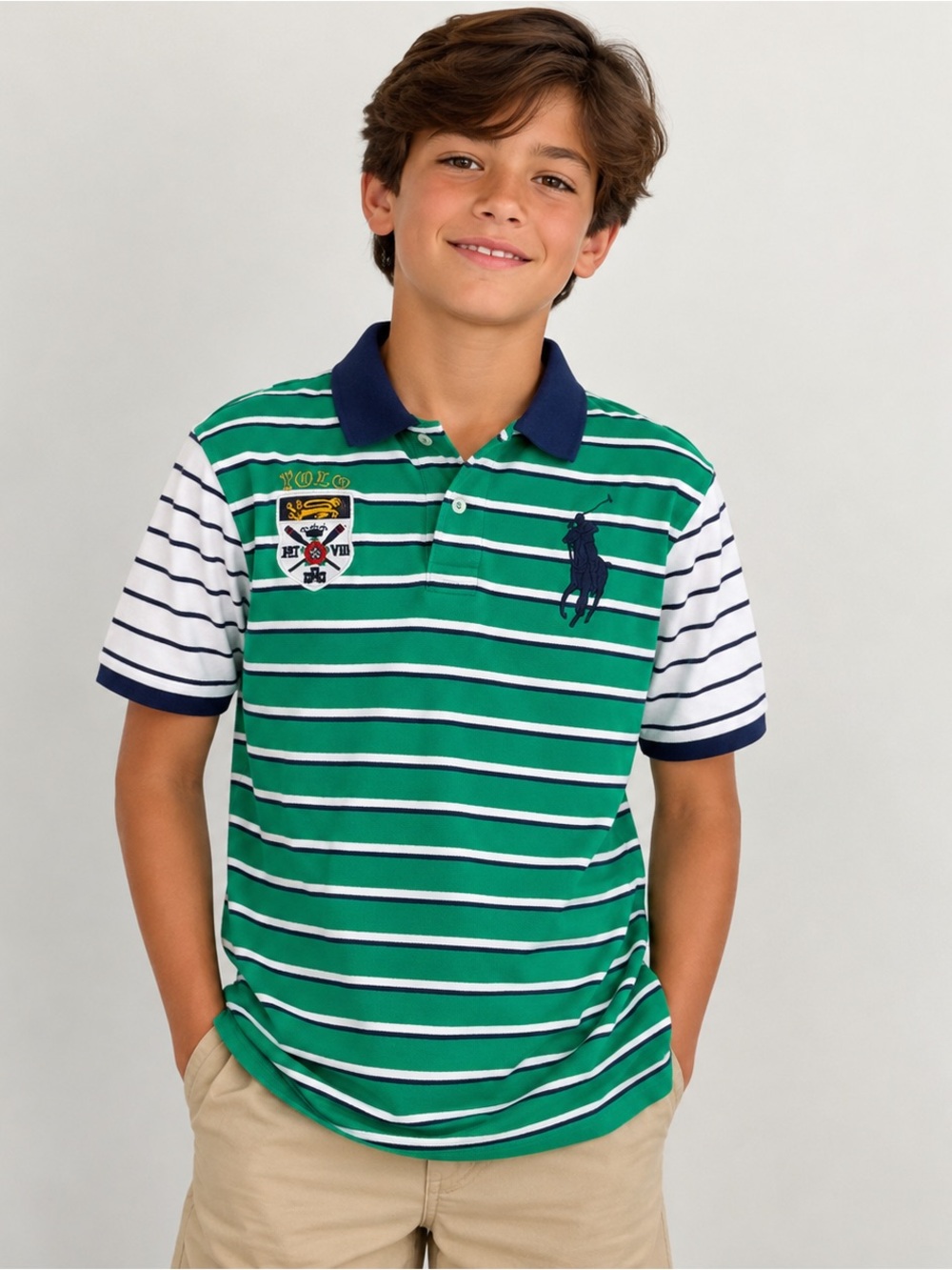 Polo Ralph Lauren Boys XL 18-20 Big Pony Crest Striped Green Polo Shirt